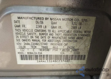 2006 Nissan Altima 2.5 S from USA, damaged, VIN 1N4AL11E46C237440